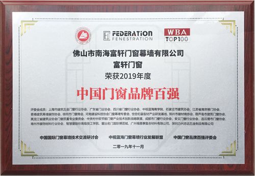 富轩门窗膺获荣获2019年度中国门窗品牌百强